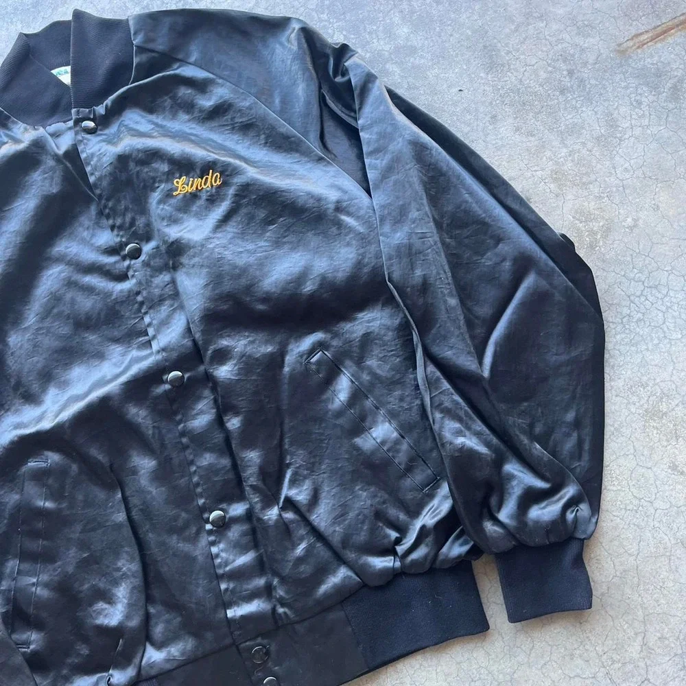 Vintage black satin bomber jacket Linda John Rick ltd Large